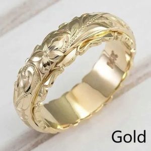 Classic STAMPED 14K Gold Plated Band Hand Carved Flower Design Ring
